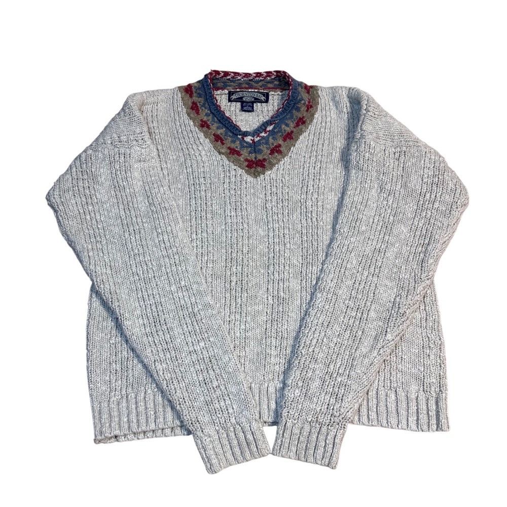 Thornton Bay Mens L Linen Cotton Blend V Neck Sweater Geometric Pattern